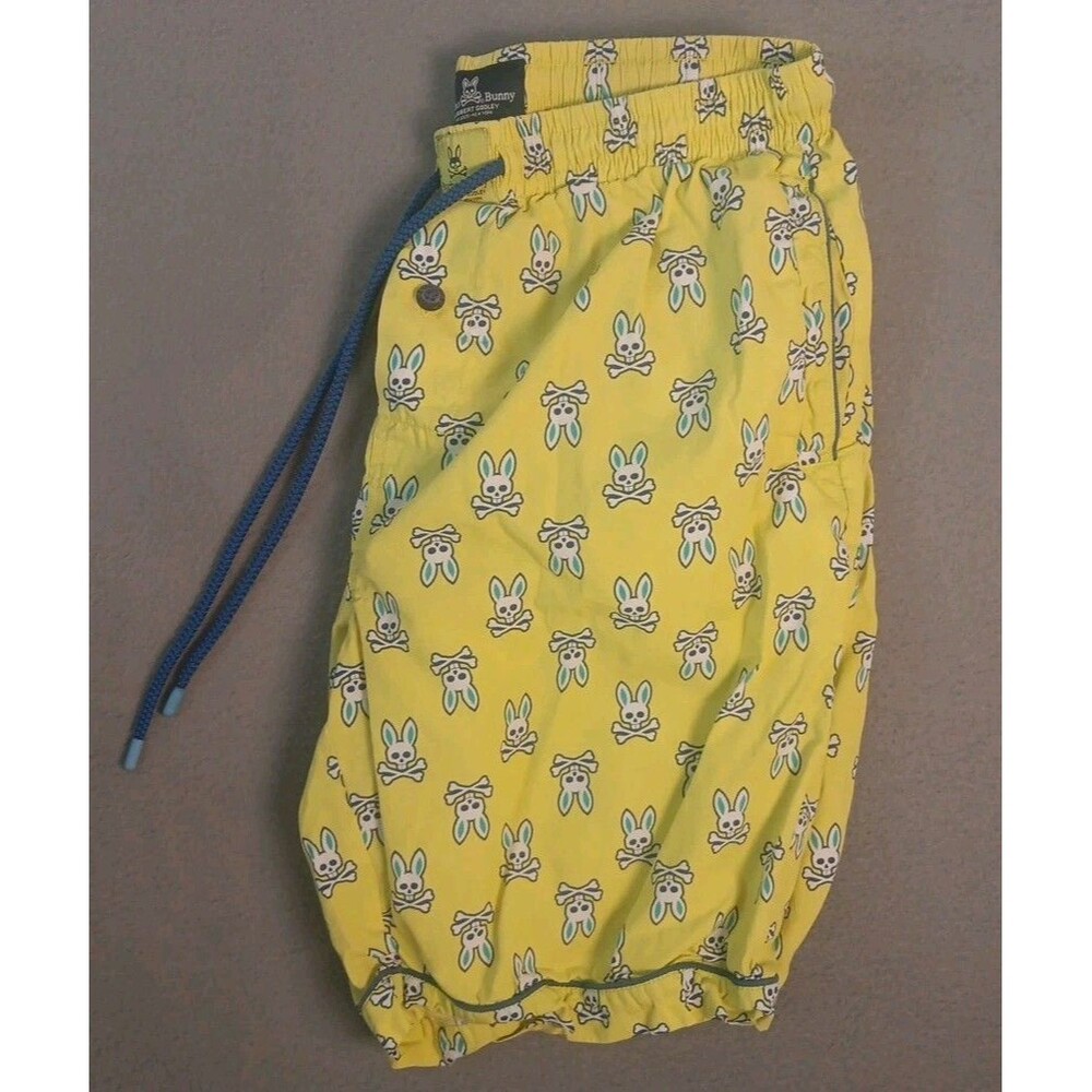 Psycho Bunny Men's Neon Yellow All Over Bunny Woven Jam Lounge Shorts SMALL EUC